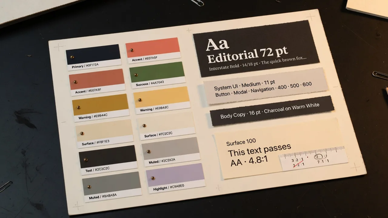 A paper design-system board: colour swatches bound to roles, type specimens and a contrast check.