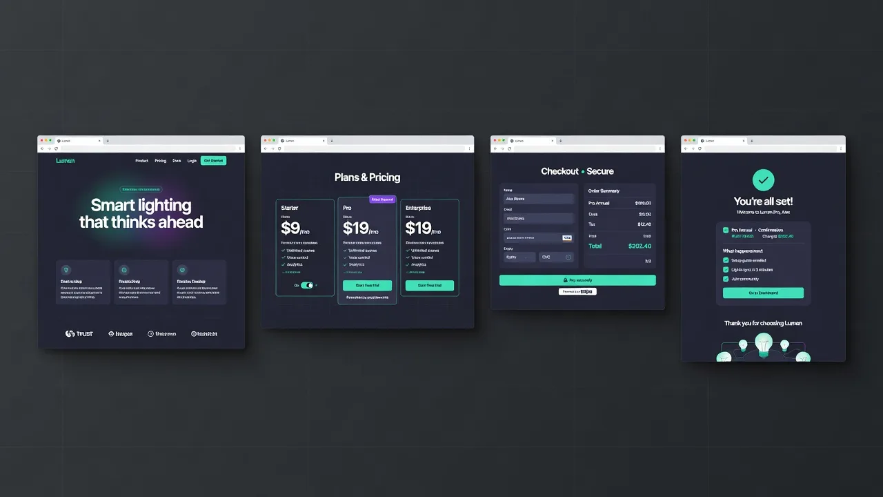 Four desktop frames in a row on a dark canvas: landing, pricing, checkout and confirmation, sharing one system.