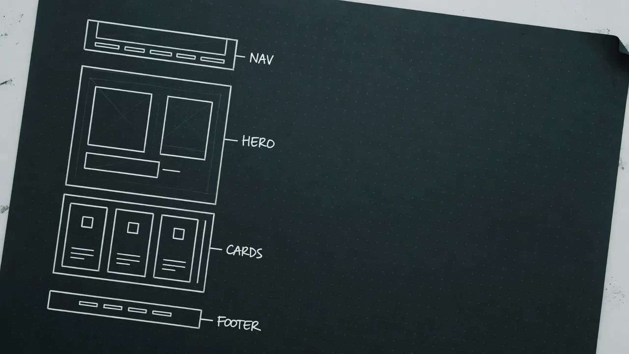 A dark dotted sheet with a UI wireframe drawn as labelled boxes: nav, hero, cards and footer.