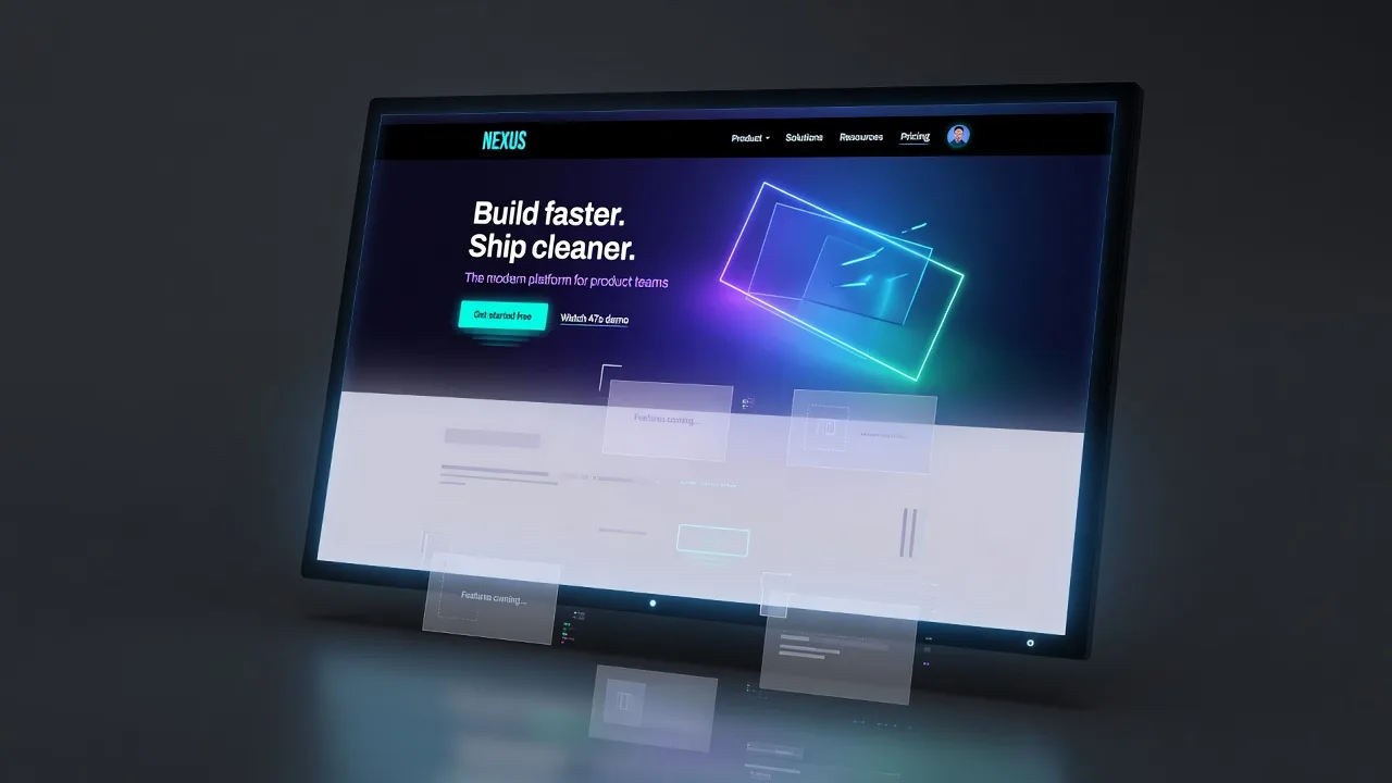 A monitor showing a user interface assembling itself: the hero sharp, the lower half still fading in.