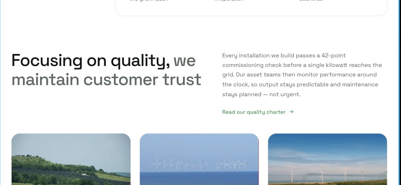 A close crop of the generated landing page showing its card row.