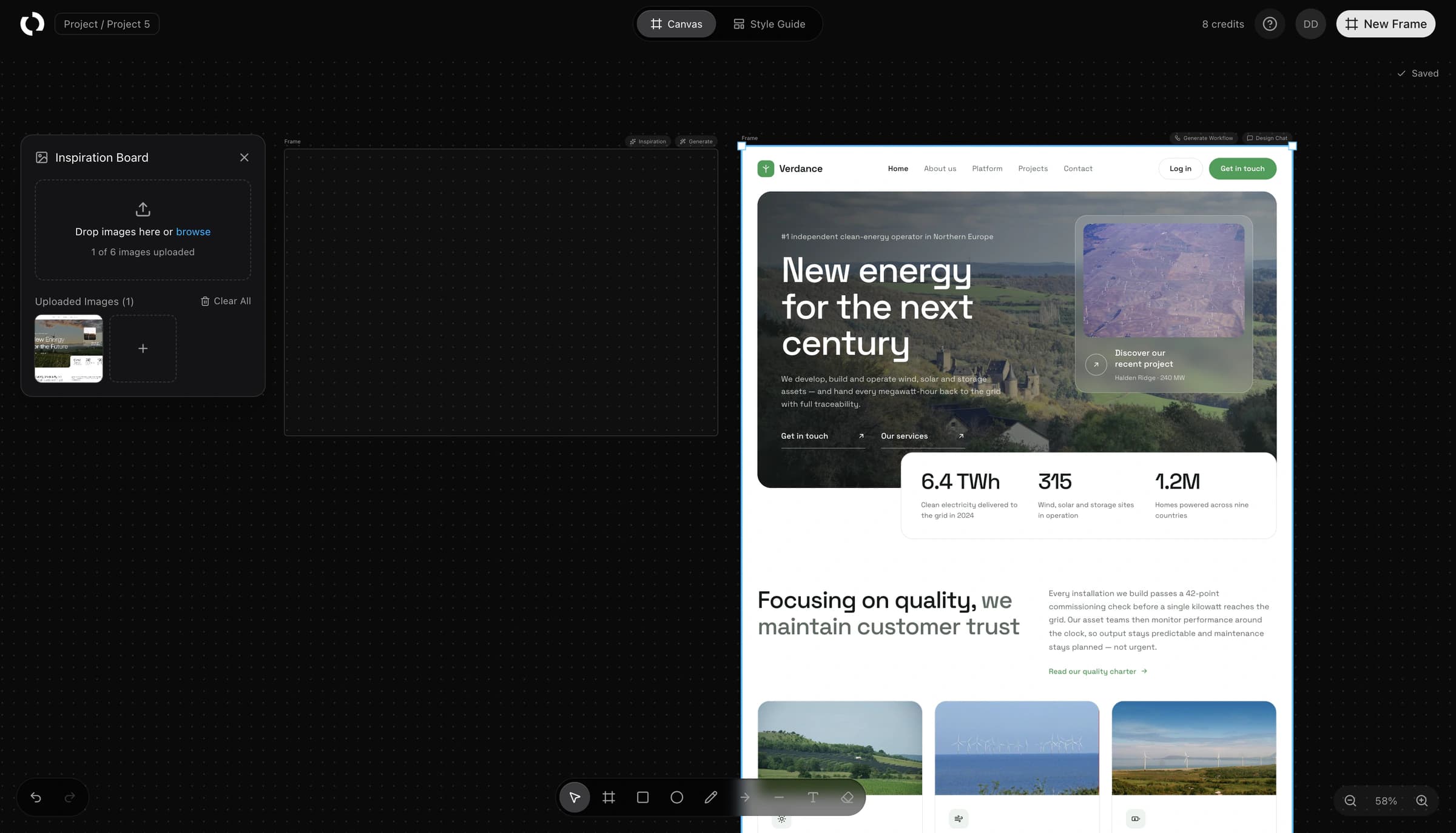The SketchMason canvas: an inspiration board holding a reference image, an empty frame, and beside them a full landing page generated from them.